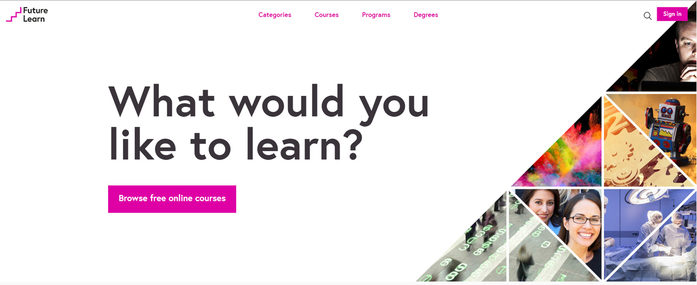 a screenshot of the Future Learn's website main page. Banner text reads: What would you like to learn? Browse free online courses. 