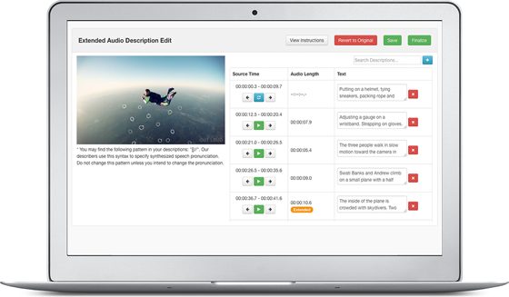 The Extended Audio Description Edit screen in a 3Play Media account: a video preview beside a table of description frames listing source timecode, audio length and editable description text, with arrows to nudge each timecode and Revert to Original, Save and Finalize buttons above.