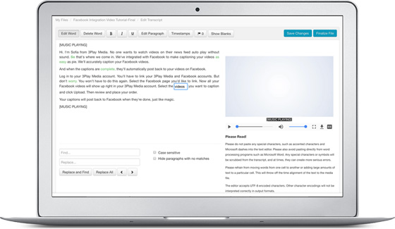 The captions editor on a laptop: an editable transcript on the left with find-and-replace controls beneath it, and the video plus editing guidance on the right.