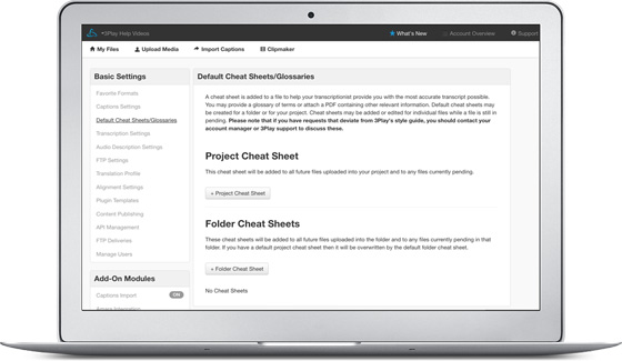 The Default Cheat Sheets/Glossaries settings screen on a laptop, offering an “Add Project Cheat Sheet” and an “Add Folder Cheat Sheet” button beside a Basic Settings sidebar.