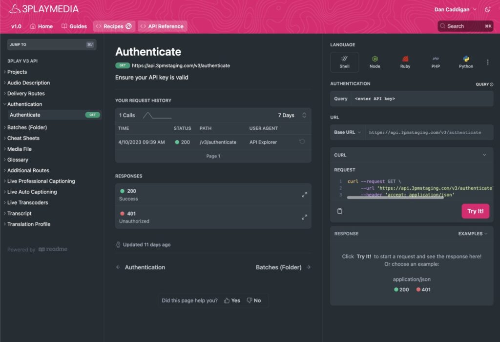 The 3Play Media developer hub’s interactive API reference, showing the Authenticate endpoint alongside its cURL request and a “Try It!” button that runs the call live.
