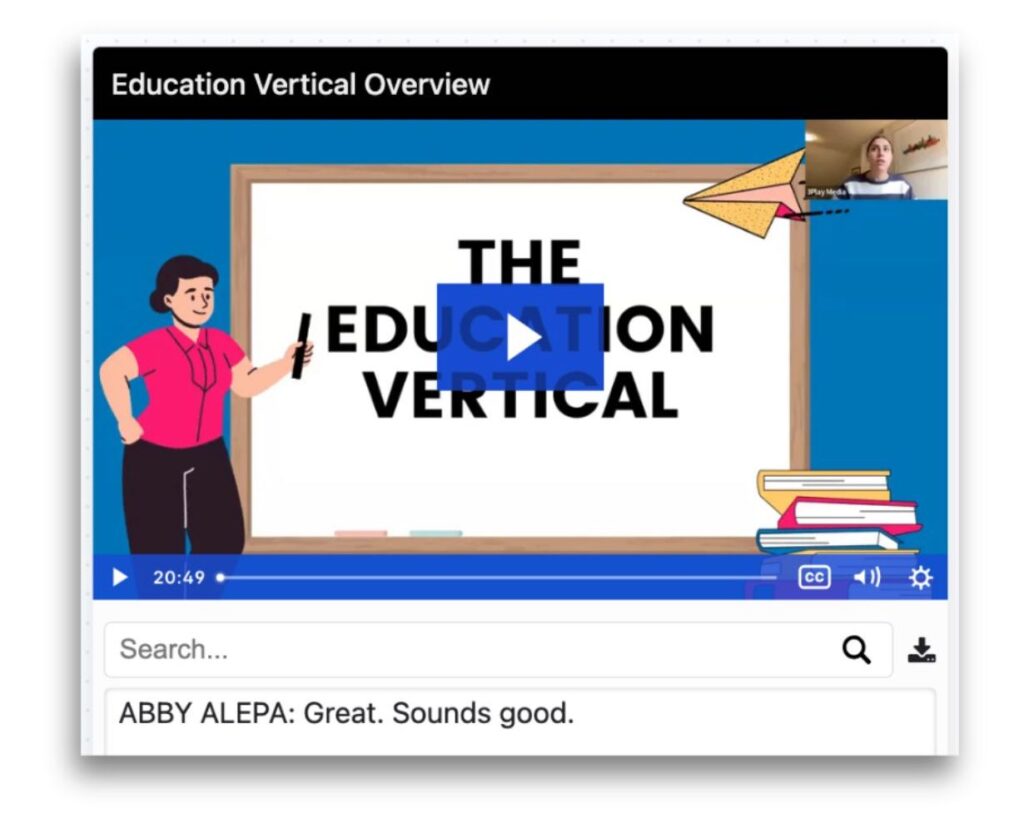 The Access Player playing an “Education Vertical Overview” webinar with captions on, above a searchable transcript.