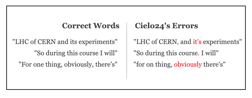 Correct words beside Cielo24’s errors. “LHC of CERN and its experiments” became “LHC of CERN, and it’s experiments”, “So during this course I will” became “So during this course. I will”, and “For one thing, obviously, there’s” became “for on thing, obviously there’s”.