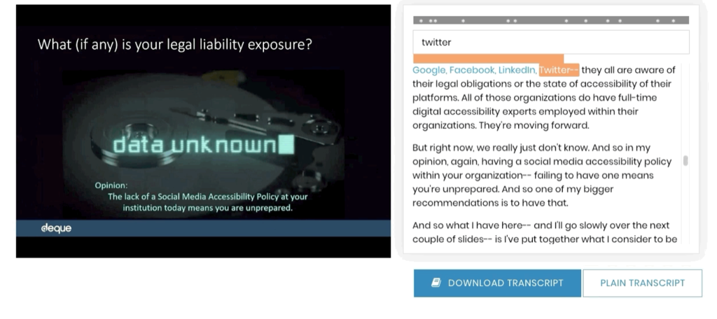 The 3Play interactive plugin: a video player beside a searchable transcript panel, with the spoken word highlighted as it plays
