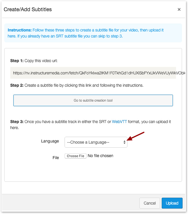 Screenshot in Canvas of Create/Add Subtitles window. Arrow points to Language drop down