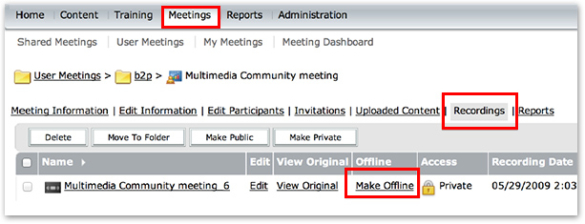 Screenshot in Adobe Connect with Meetings, Recordings and Make Offline selected