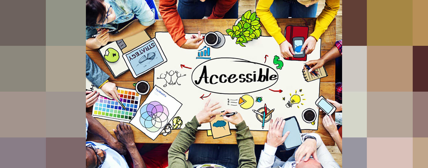 People gathered around a table with Accessible written in market in the middle