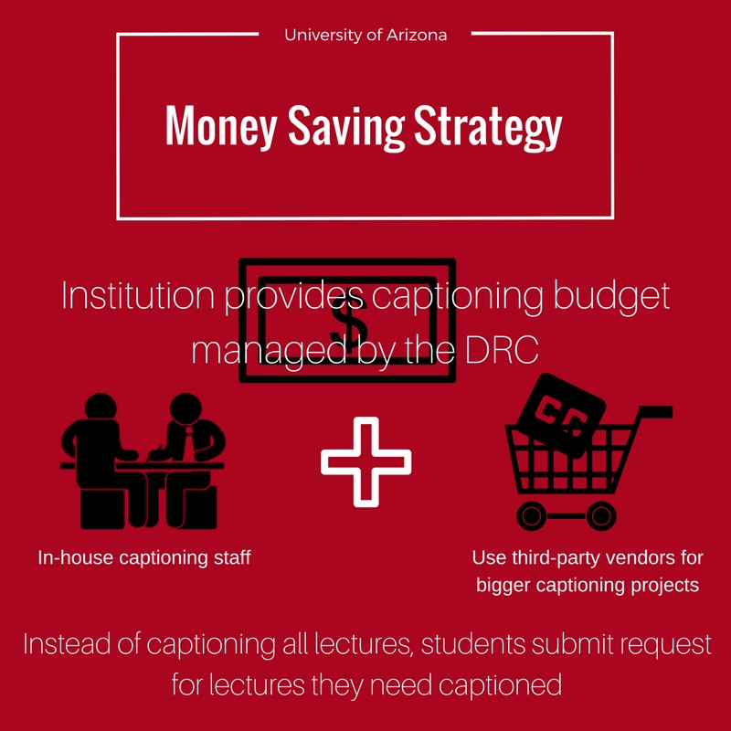Money Saving Strategy. Institution provides captioning budget managed by the DRC, then they use both in-house captioners and third-party vendors for bigger captioning budgets. Instead of captioning all lectures, students submit request for lectures they need captioned