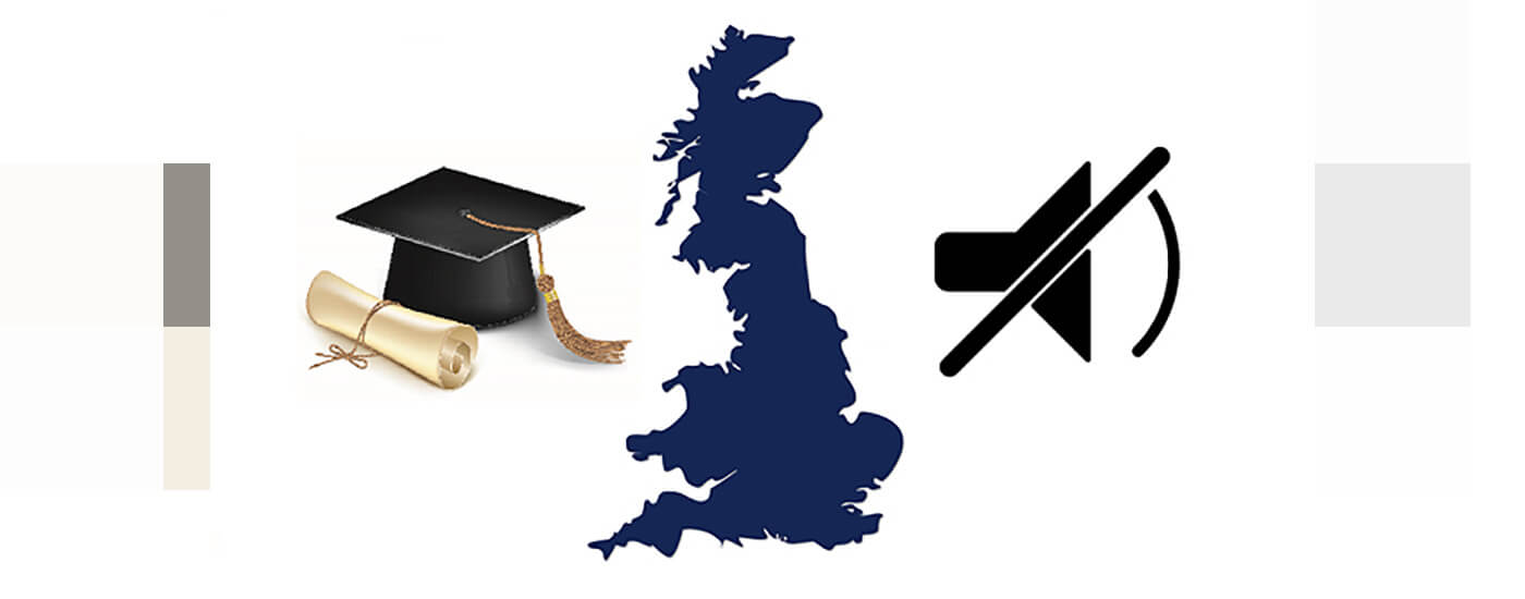 Outline of the UK with a cap and diploma icon on one side and a volume off icon on the other