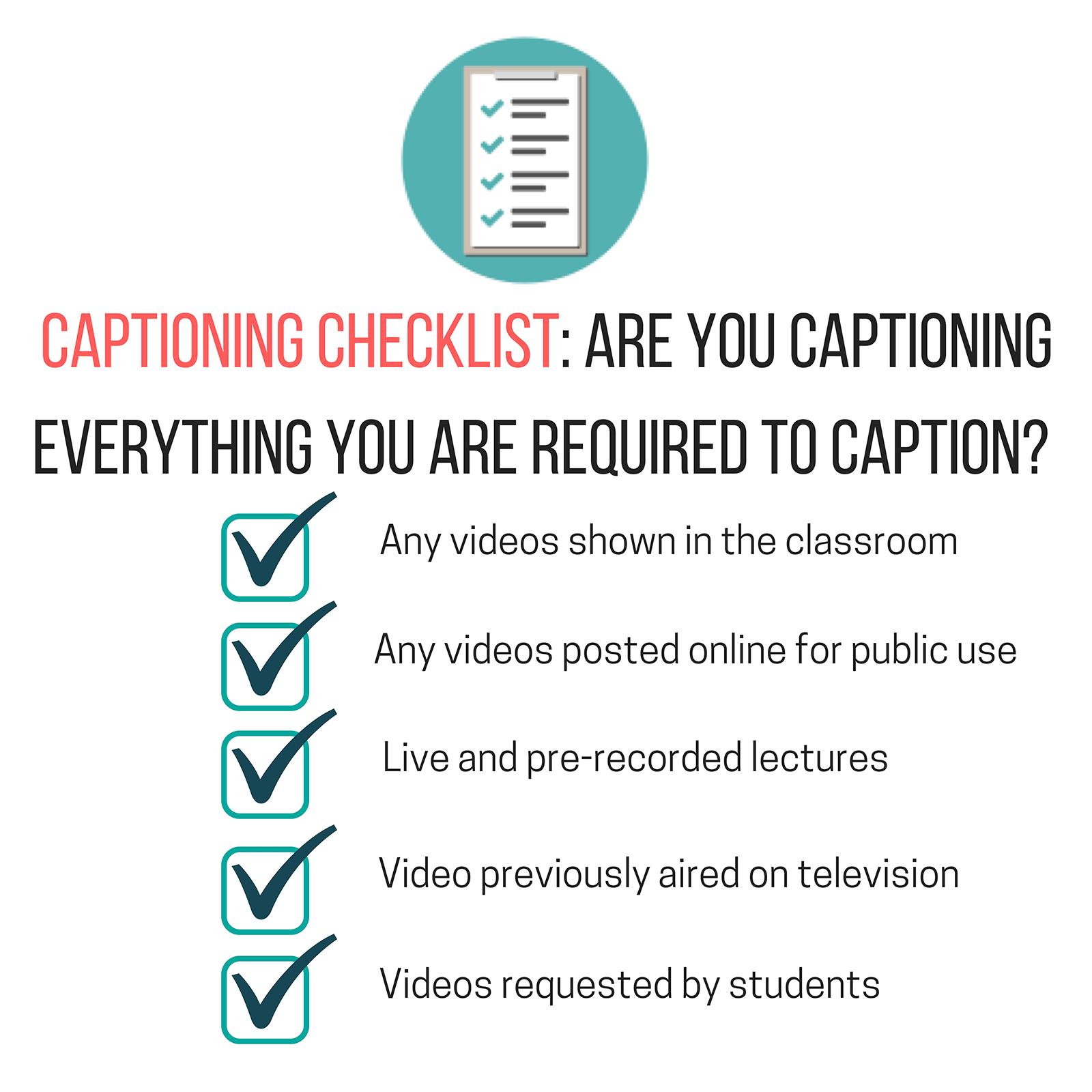 Captioning Checklist: Are you captioning everything you are required to caption? Any videos show in the classroom, any videos posted online, live and pre-recorded lectures, video previously aired on television, videos requested by students