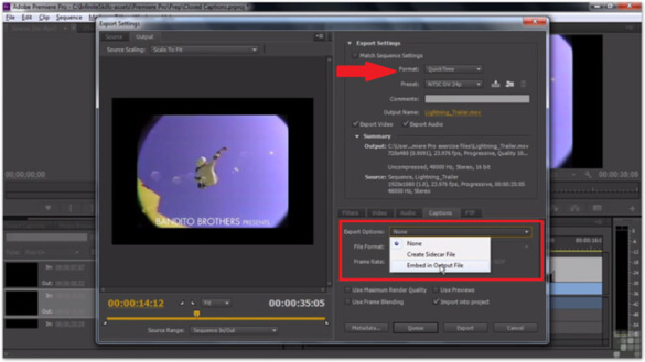 Screenshot of Adobe Premiere Pro with arrow pointing to Format. Export options is highlighted in captions section. Options for None, Create Sidecar File, or Embed in Output File