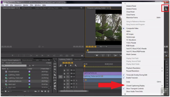 Screenshot in Adobe Premiere Pro with arrow pointing to Closed Captioning Display