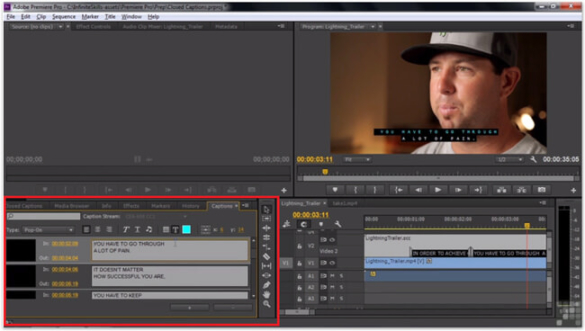 Screenshot in Adobe Premiere Pro with Captions being formatted in the editor section