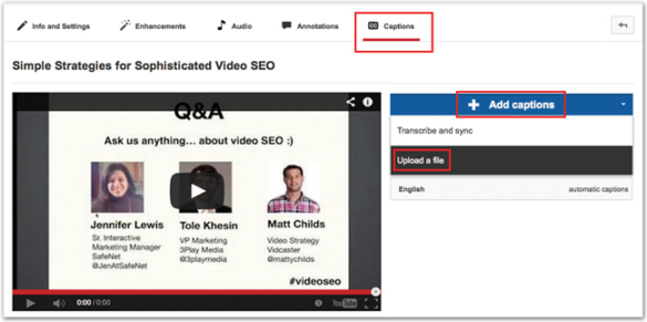 Captions selected on YouTube video. +Add Captions and upload a file are highlighted