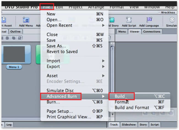 Screenshot of DVD Studio Pro with File menu selected. Advanced burn and build are selected