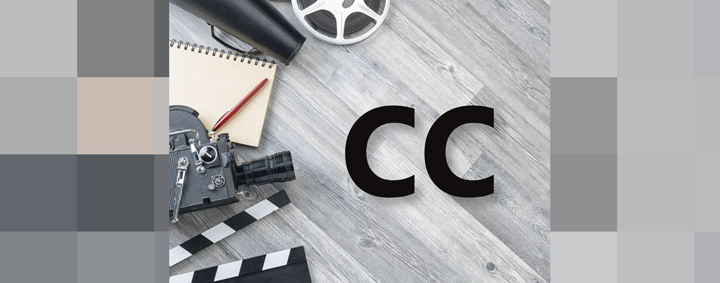 a film camera, a film clapper, a film roll, and the CC icon