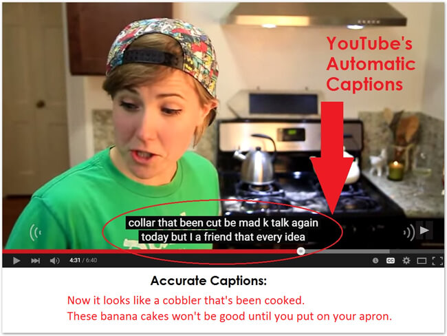 screencap of YouTube video showing gibberish automatic captions