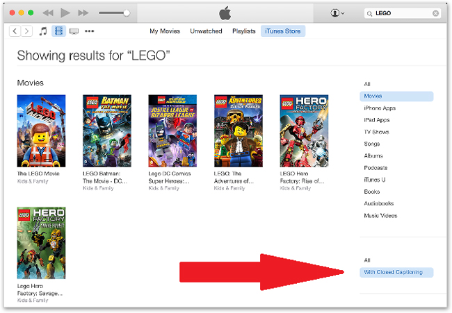 Searching for movies and TV shows in iTunes store with a closed caption filter