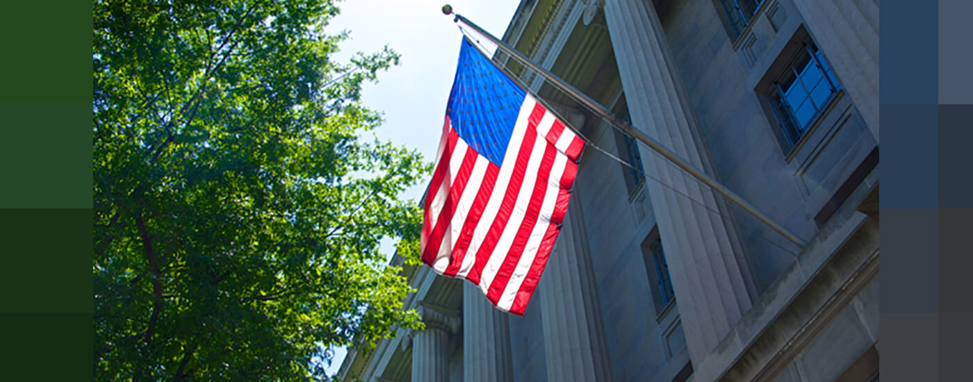 US flag outside Department of Justice building