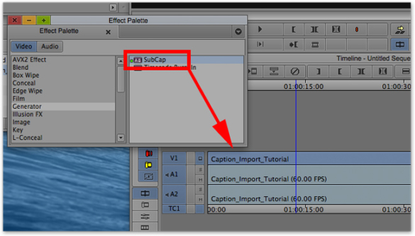 Screenshot of Effect Palette window in Avid Media Composer with SubCap selected and arrow pointing to Caption_Import_Tutorial