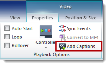 Properties window with Add Captions selected