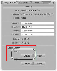 Screenshot in Adobe Encore Project with Closed Caption Field 1 selected