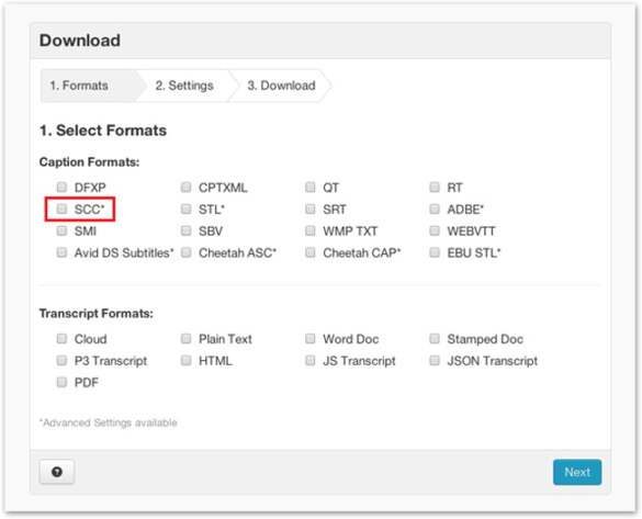 Download window with SCC selected under Caption Format