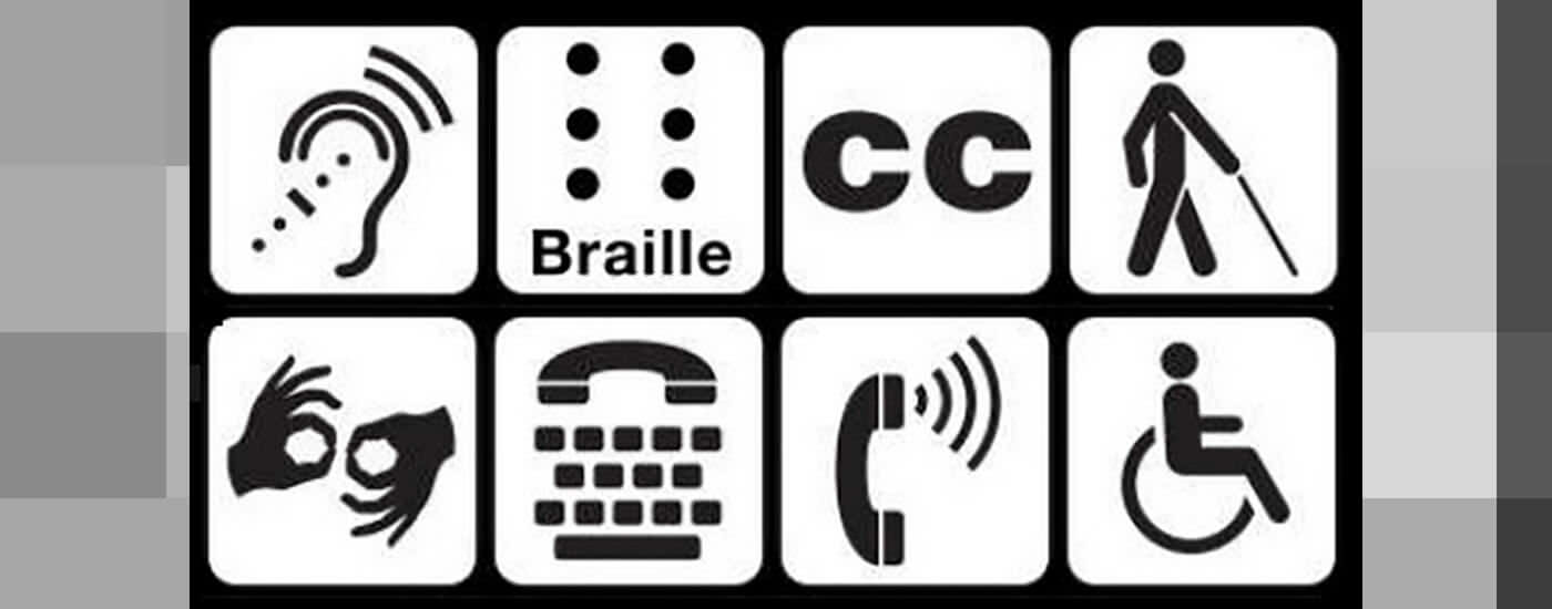 Icons for hard of hearing, braille, closed captions, blind, sign language, telephone, and handicapped