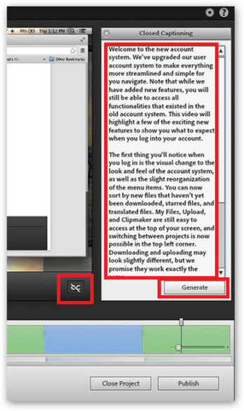 Screenshot in Adobe Presenter. CC Button with strikethrough. Closed Captioning window highlighted and Generate button selected.
