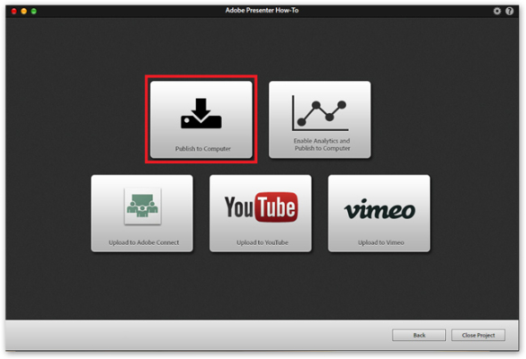 Screenshot Adobe Presenter Publish to Computer button selected