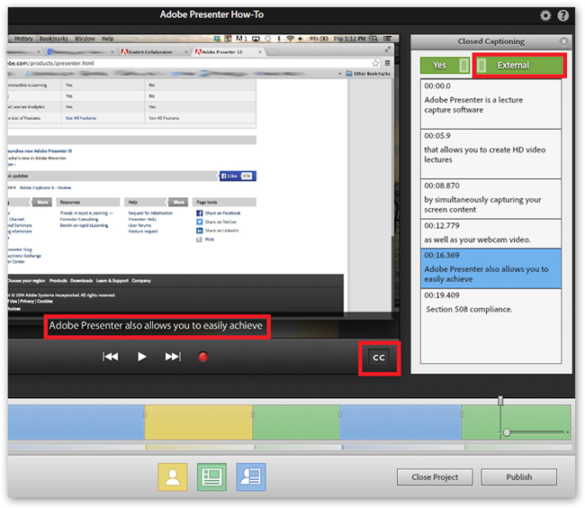 Screenshot Adobe Presenter How-to Closed Captioning External selected