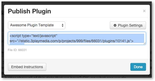 Publish Plugin window with embed code highlighted