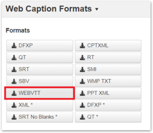 Screenshot of WebVTT selected under Web Caption Formats