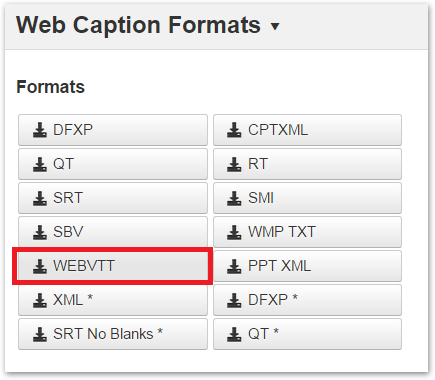 Screenshot of WebVTT selected under Web Caption Formats