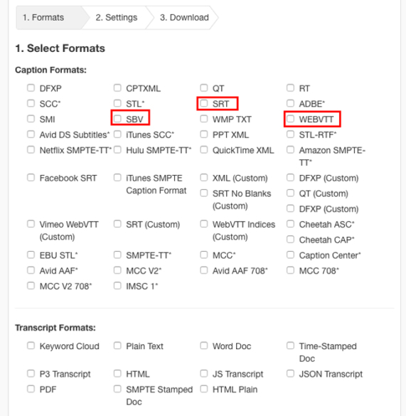Screenshot Select Formats with SBV, SRT, and WEBVTT Caption Formats selected