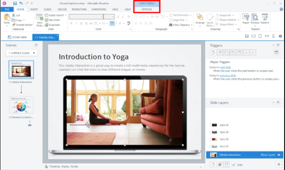 Screenshot in Articulate Storyline shows Video Tools Selected
