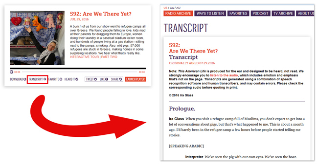 screenshot of an audio file with a 'transcript' option. A red arrow lead from that to a screenshot of a separate page with a transcript