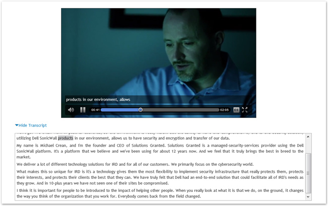example of a video transcript in a text box directly on the web page