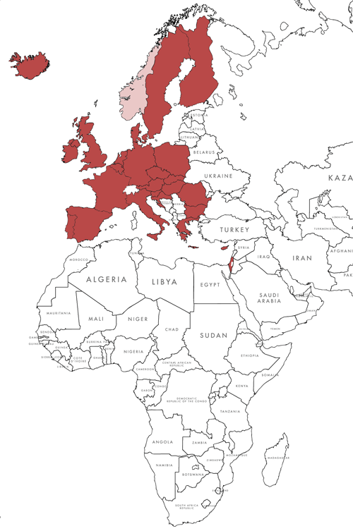 countries in europe portugal, denmark, germany, italy, ireland, france, the EU, UK, iceland, none in africa