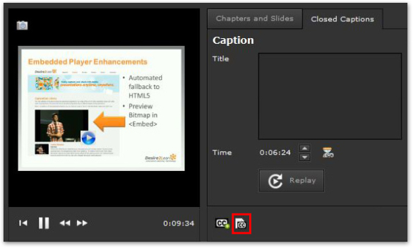 Screenshot in Desire2Learn of Presentation with Captions option selected