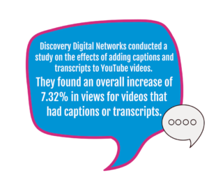 Discovery Digital Networks conducted a study on the effects of adding captions and transcripts to YouTube videos. They found an overall increase of 7.32% in views for videos that had captions or transcripts. 