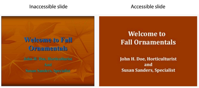 Slide with busy background and poor text contrast, compared with remediated slide