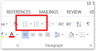 Bulleted and numbered lists in MS Word 2013