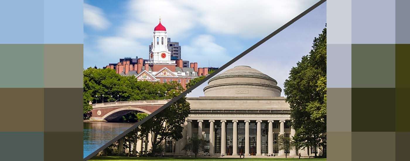 a rectangle split diagonally. On one triangle is MIT's campus and on the other Harvard's campus