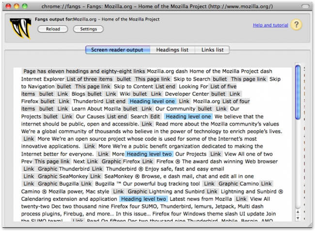 Example of Fangs displaying full-text of a website, with highlighted headers