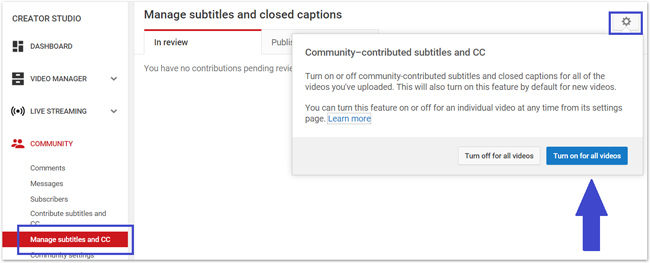 Community–contributed subtitles and CC: Turn on or off community-contributed subtitles and closed captions for all of the videos you've uploaded. This will also turn on this feature by default for new videos. You can turn this feature on or off for an individual video at any time from its settings page.