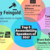 Colored bubbles overlapping with the names of the top 5 accessibility speakers and their presentations. Top 5 Accessibility Speakers of 2017. Lainey Feingold: the 2017 legal update on digital accessibility cases. Tom Tobin: strategies for getting administrative & faculty buy-in for UDL. Katie Linder & Lily Bond: The state of closed captioning in higher education. Bruce Bailey & Timothy Creagan: complying with the section 508 and section 255 refresh. Jackie Luft & Ian Wilkinson: Best Practices for Accessible Instructional Video