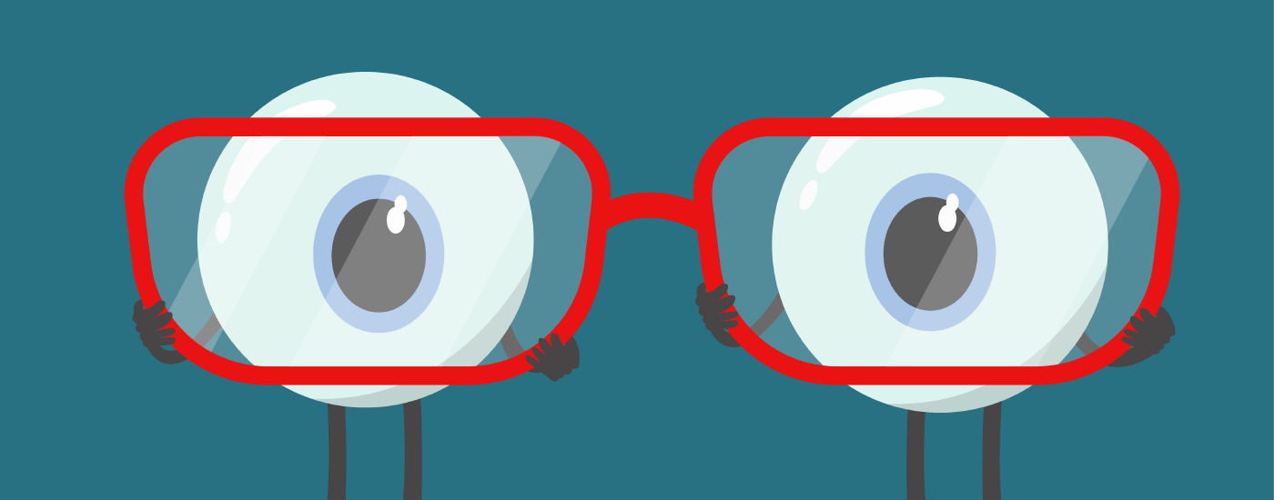 Vector cute cartoon eyes hold eyeglasses.