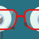 Vector cute cartoon eyes hold eyeglasses.