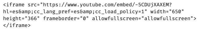 Snippet of website iframe code that includes the command to display captions in Spanish